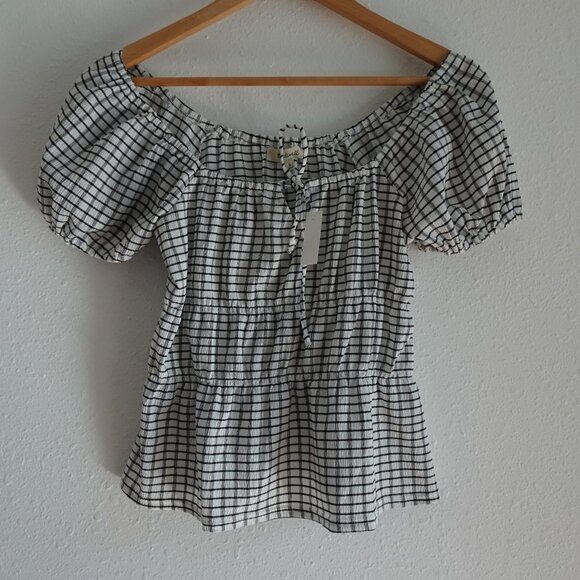 Madewell Omaha Tiered Top Women's Size S Black White Gingham Square Neck - Picture 3 of 9